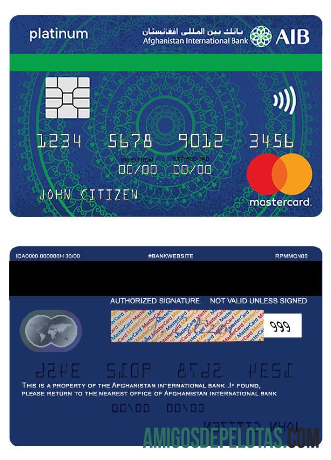 Cartão Islâmico Mastercard Platinum do Banco Internacional do Afeganistão modelo